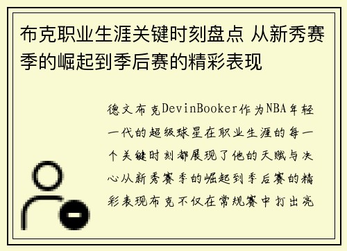 布克职业生涯关键时刻盘点 从新秀赛季的崛起到季后赛的精彩表现