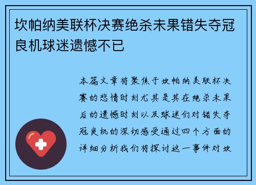 坎帕纳美联杯决赛绝杀未果错失夺冠良机球迷遗憾不已