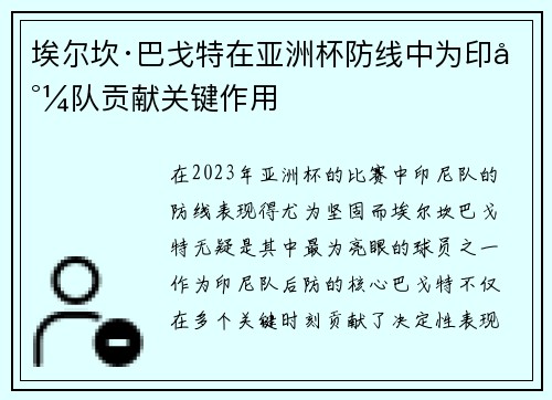 埃尔坎·巴戈特在亚洲杯防线中为印尼队贡献关键作用