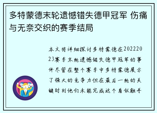 多特蒙德末轮遗憾错失德甲冠军 伤痛与无奈交织的赛季结局