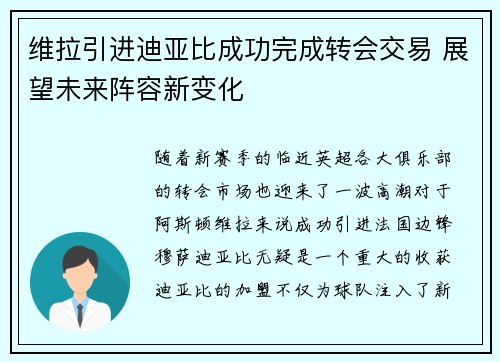 维拉引进迪亚比成功完成转会交易 展望未来阵容新变化